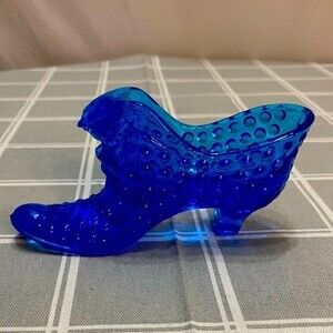 Fenton Hobnail Cat Head Blue Glass Shoe 3”h x 6”l Vintage
